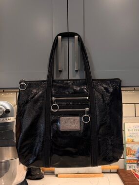 Coach Poppy 2009 Black Patent Leather Tote Bag with Front Zip Pockets